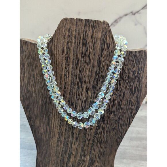 Vintage Double-Strand Crystal Beaded Choker Necklace 15" Aurora Borealis Sparkle - Picture 1 of 6